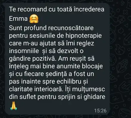Mesaj primit de la o clienta despre sedintele de hipnoterapie